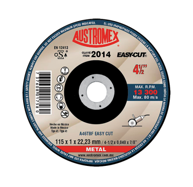 DISCO 2014 PLANO 4-1/2" x 0.040" x 7/8" CORTE ACERO AL CARBONO (CAJA 50 PIEZAS)