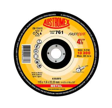 DISCO 761 PLANO 4-1/2" x 1/16" x 7/8" CORTE ACERO AL CARBONO (CAJA 25 PIEZAS)